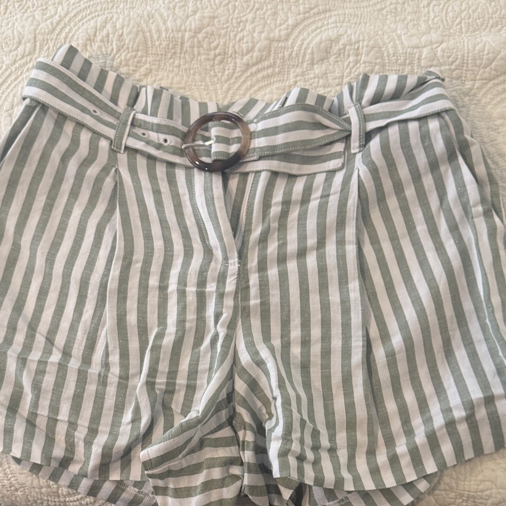 LOFT High Waist Striped Shorts in Green and White
